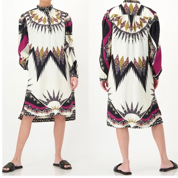 ETRO Gimmie Patchwork Boho Long Sleeve Wool & Silk Shift High-Low Mini Dress NEW - Picture 2 of 15